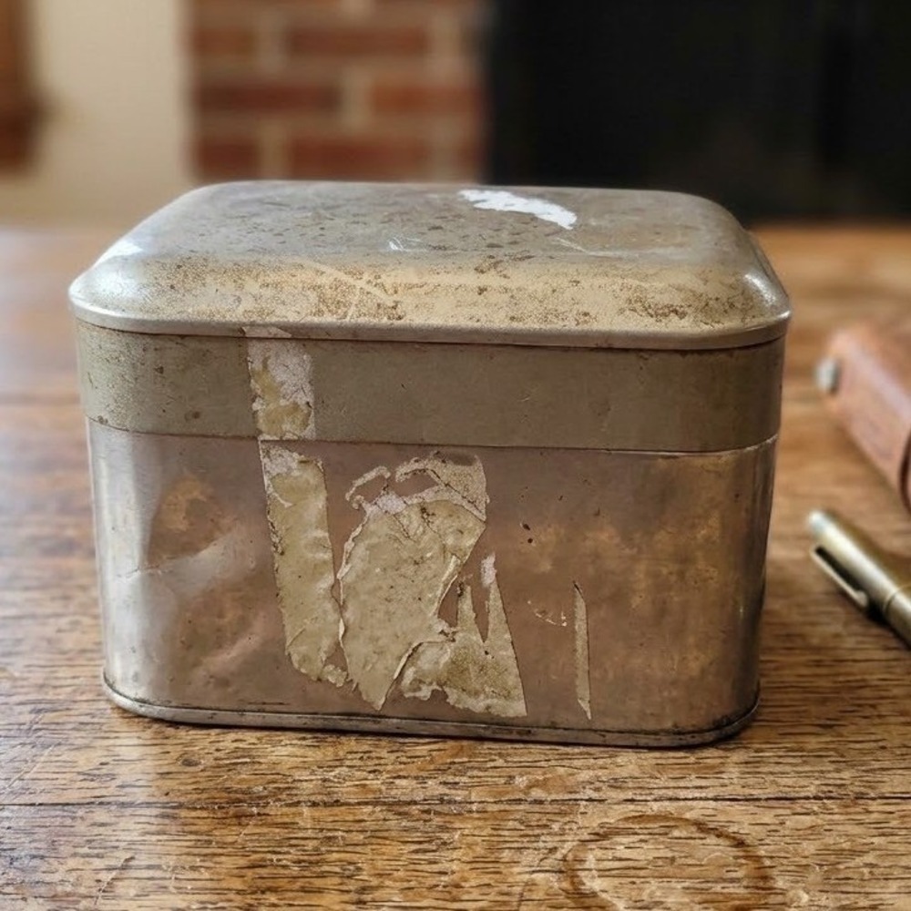 Vintage Industrial Metal Hinged Storage Tin Box Rustic Patina Small Organizer
